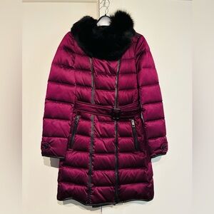Burberry US4 XS/S Prorsum Burgundy Down Puffer Coat Blue Fox Fur Trim Leather